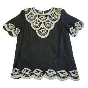 Roaman's Black Beaded Sequin Silk Top Short Sleeve Embellished Party Blouse‎